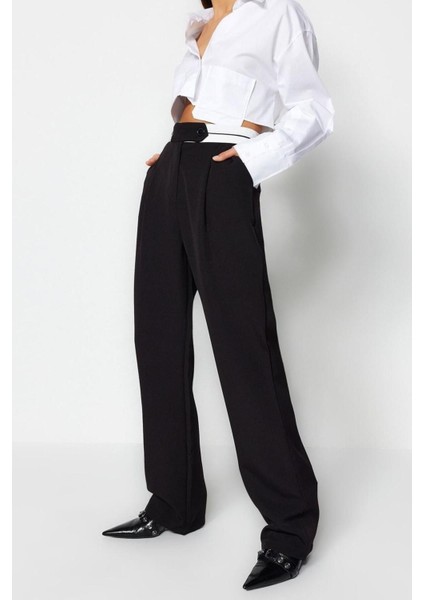 Kadın Yeni Moda Geniş Paça Uzun Boy Dokuma Wide Leg Geniş Paça Bel Detaylı Pantolon