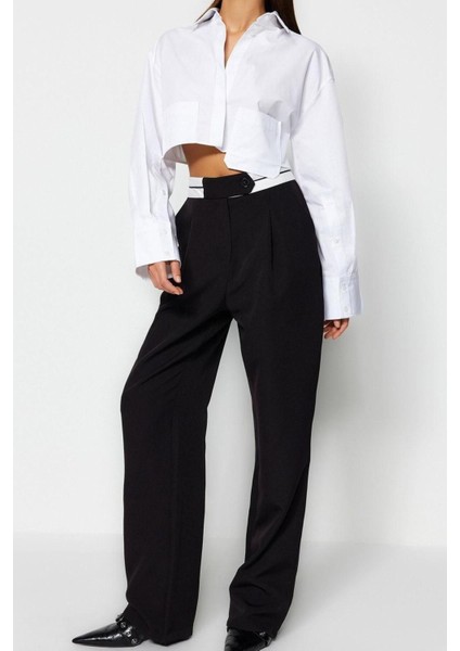 Kadın Yeni Moda Geniş Paça Uzun Boy Dokuma Wide Leg Geniş Paça Bel Detaylı Pantolon