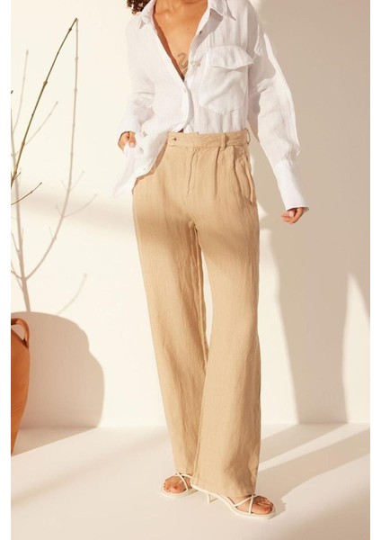 Kadın Yeni Moda Geniş Paça Uzun Boy Dokuma %100 Keten Pileli Yüksek Bel Wide Leg Pantolon