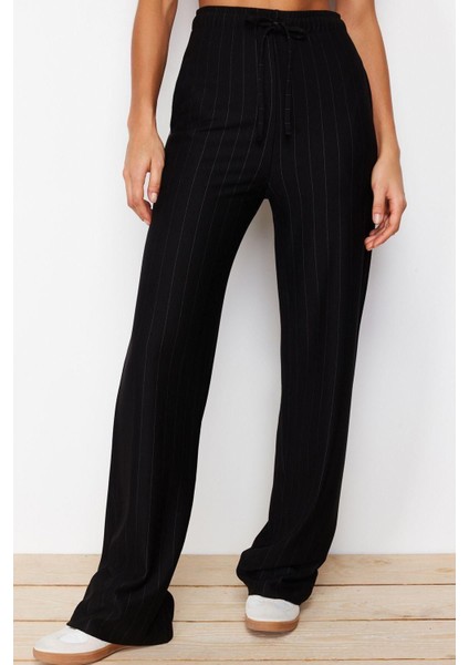 Kadın Yeni Moda Boru Paça Regular Boy Örme Kalın Çizgili Düz Kesim Esnek Pantolon