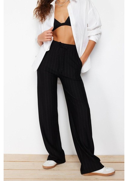 Kadın Yeni Moda Boru Paça Regular Boy Örme Kalın Çizgili Düz Kesim Esnek Pantolon