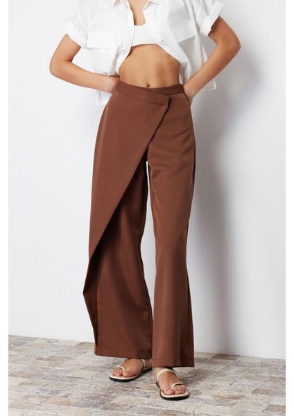 Kadın Yeni Moda Geniş Paça Regular Boy Dokuma Wide Leg Geniş Paça Çapraz Kapama Detaylı Pantolon