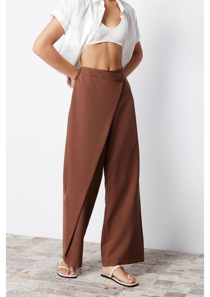 Kadın Yeni Moda Geniş Paça Regular Boy Dokuma Wide Leg Geniş Paça Çapraz Kapama Detaylı Pantolon