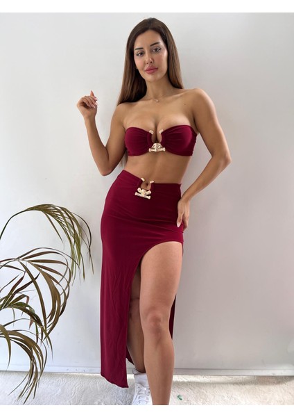 Bordo Sandy Kumaş Tokalı Etekli Ikili Takım