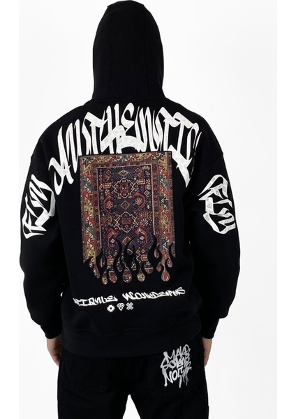 Oversize Halı Baskılı Kanguru Cepli Siyah Kapüşonlu Sweatshirt