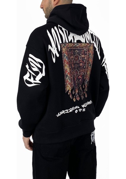 Oversize Halı Baskılı Kanguru Cepli Siyah Kapüşonlu Sweatshirt fiyatları
