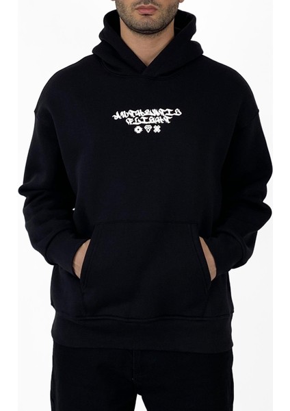 Oversize Halı Baskılı Kanguru Cepli Siyah Kapüşonlu Sweatshirt modelleri