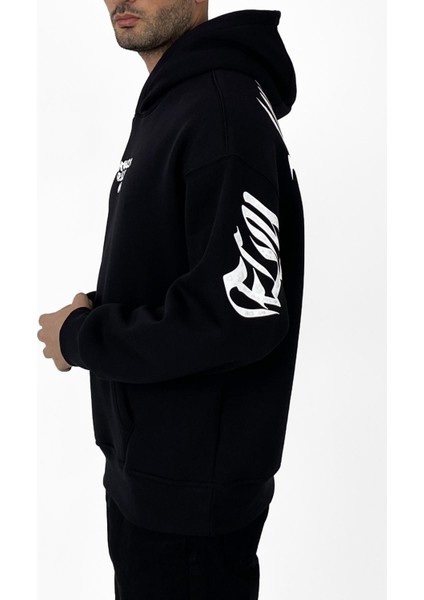Oversize Halı Baskılı Kanguru Cepli Siyah Kapüşonlu Sweatshirt fırsatları