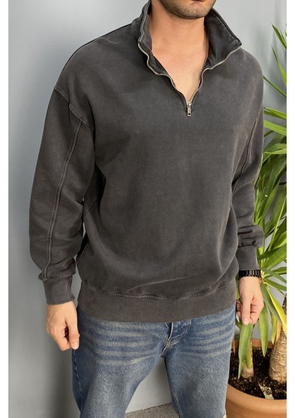Oversize Dik Yaka Antrasit Yarım Fermuarlı Sweatshirt