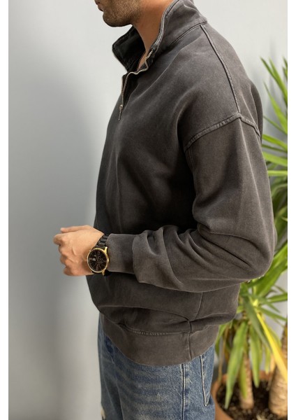 Oversize Dik Yaka Antrasit Yarım Fermuarlı Sweatshirt fiyatları