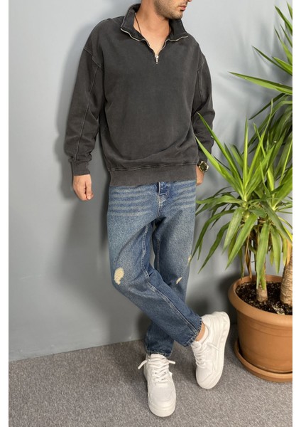Oversize Dik Yaka Antrasit Yarım Fermuarlı Sweatshirt modelleri