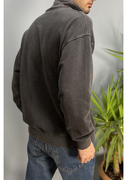 Oversize Dik Yaka Antrasit Yarım Fermuarlı Sweatshirt fırsatları