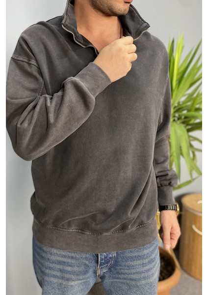 Oversize Dik Yaka Antrasit Yarım Fermuarlı Sweatshirt indirimleri