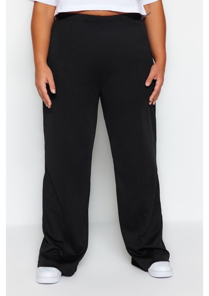 Kadın Yeni Moda Büyük Beden Geniş Paça Regular Boy Örme Krep Yüksek Bel Nervürlü Örme Pantolon