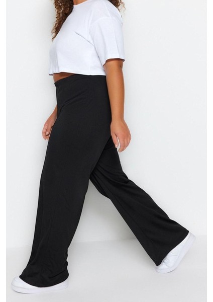 Kadın Yeni Moda Büyük Beden Geniş Paça Regular Boy Örme Krep Yüksek Bel Nervürlü Örme Pantolon