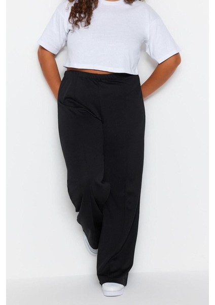 Kadın Yeni Moda Büyük Beden Geniş Paça Regular Boy Örme Krep Yüksek Bel Nervürlü Örme Pantolon
