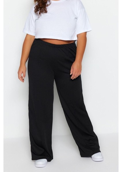 Kadın Yeni Moda Büyük Beden Geniş Paça Regular Boy Örme Krep Yüksek Bel Nervürlü Örme Pantolon
