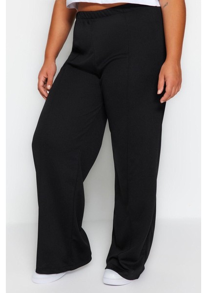 Kadın Yeni Moda Büyük Beden Geniş Paça Regular Boy Örme Krep Yüksek Bel Nervürlü Örme Pantolon