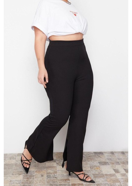Kadın Yeni Moda Büyük Beden Ispanyol Paça Regular Boy Örme Ispanyol Paça Yırtmaçlı Örme Pantolon