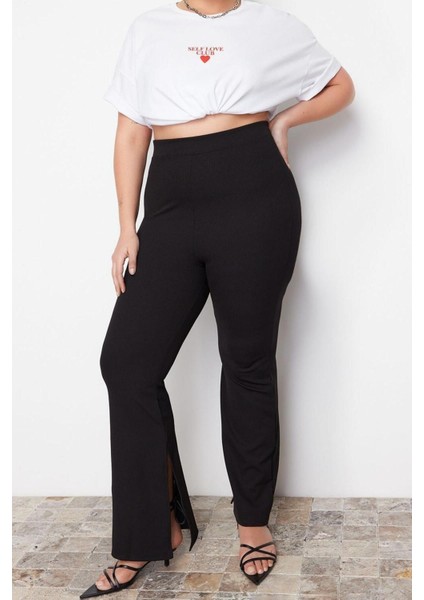 Kadın Yeni Moda Büyük Beden Ispanyol Paça Regular Boy Örme Ispanyol Paça Yırtmaçlı Örme Pantolon