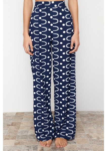 Kadın Yeni Moda Geniş Paça Uzun Boy Dokuma Geometrik Desenli Pantolon