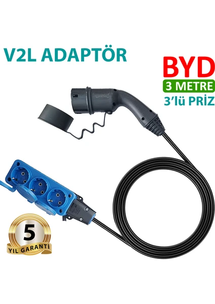 Byd, V2L Adaptör 3'lü Priz, Elektrikli Aracınıza 220V Ev Tipi Priz,Kampta-Seyahatte