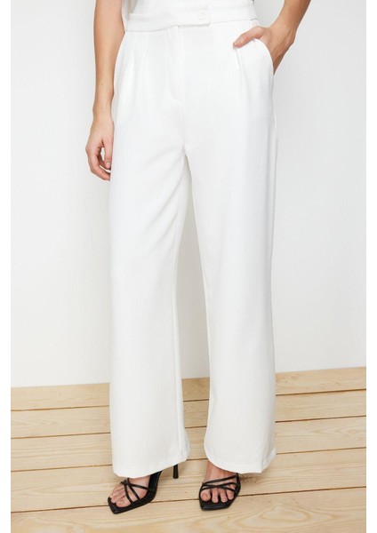Kadın Yeni Moda Boru Paça Regular Boy Dokuma Wide Leg Geniş Paça Yüksek Bel Pantolon