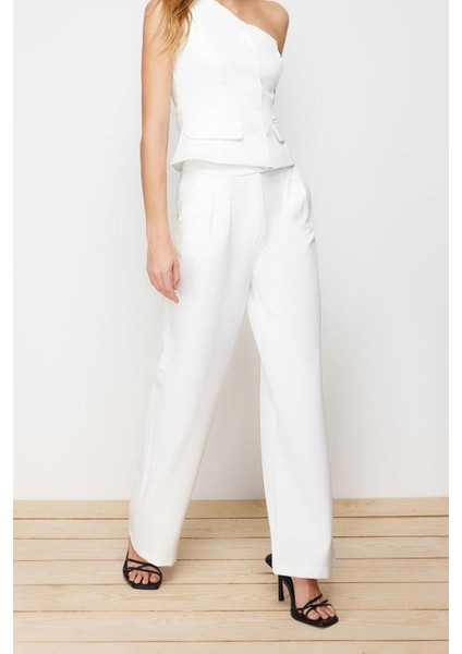 Kadın Yeni Moda Boru Paça Regular Boy Dokuma Wide Leg Geniş Paça Yüksek Bel Pantolon