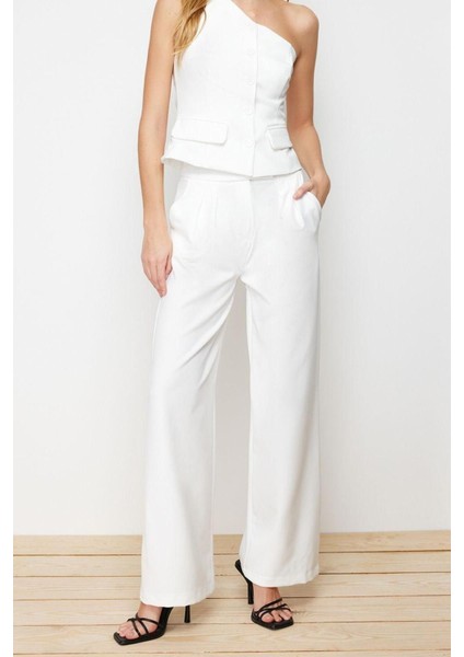 Kadın Yeni Moda Boru Paça Regular Boy Dokuma Wide Leg Geniş Paça Yüksek Bel Pantolon