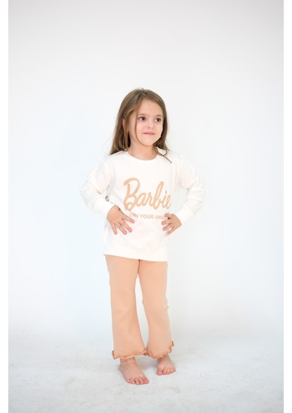 Kız Çocuk 2-6 Yaş Pamuklu Barbie Baskılı Bisiklet Yaka Uzun Kol Sweat Takım