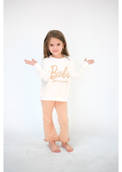 Kız Çocuk 2-6 Yaş Pamuklu Barbie Baskılı Bisiklet Yaka Uzun Kol Sweat Takım modelleri