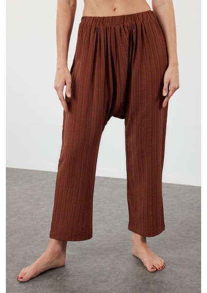 Kadın Yeni Moda Geniş Paça Uzun Boy Dokuma Ekru Şalvar Pantolon