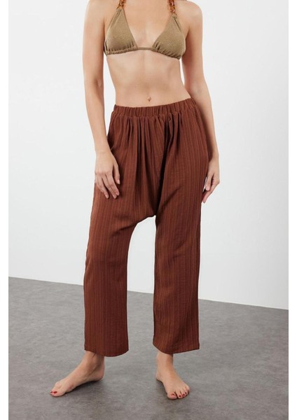 Kadın Yeni Moda Geniş Paça Uzun Boy Dokuma Ekru Şalvar Pantolon
