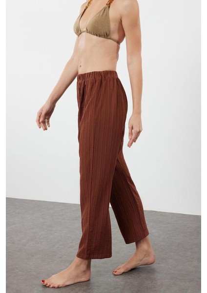Kadın Yeni Moda Geniş Paça Uzun Boy Dokuma Ekru Şalvar Pantolon