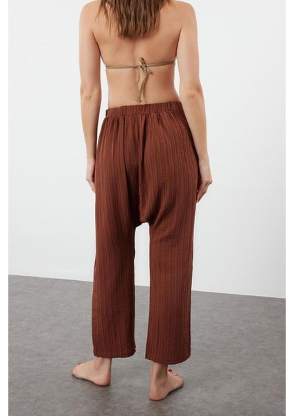 Kadın Yeni Moda Geniş Paça Uzun Boy Dokuma Ekru Şalvar Pantolon