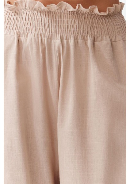Kadın Yeni Moda Geniş Paça Uzun Boy Dokuma Bej %100 Pamuklu Pantolon