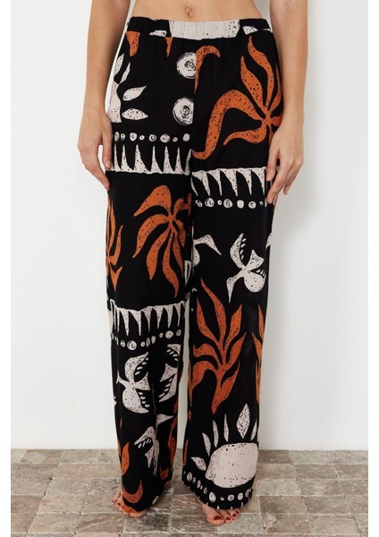 Kadın Yeni Moda Boru Paça Uzun Boy Dokuma Etnik Desenli Pamuklu Pantolon