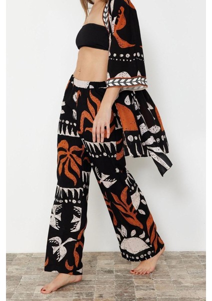 Kadın Yeni Moda Boru Paça Uzun Boy Dokuma Etnik Desenli Pamuklu Pantolon