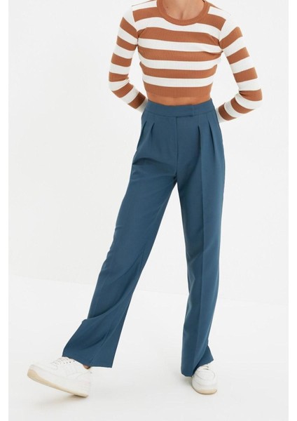 Kadın Yeni Moda Boru Paça Regular Boy Dokuma Wide Leg Geniş Paça Yüksek Bel Pantolon fiyatları