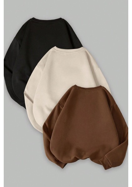 Kadın Siyah Bej Kahverengi Düz Bisiklet Yaka 3lü Sweatshirt Set fiyatları