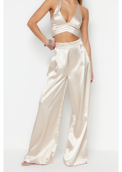 Kadın Yeni Moda Geniş Paça Regular Boy Dokuma Bol Paça Saten Pantolon