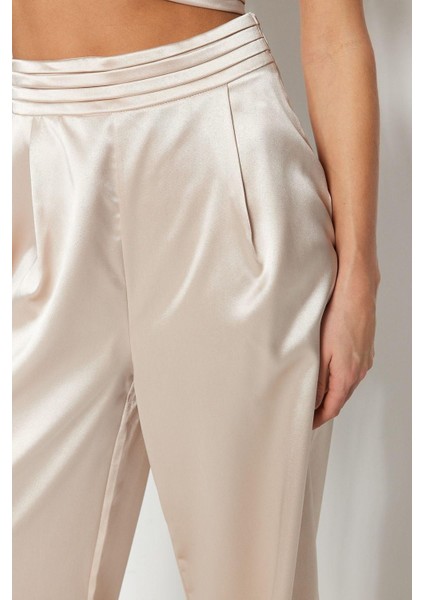 Kadın Yeni Moda Geniş Paça Regular Boy Dokuma Bol Paça Saten Pantolon