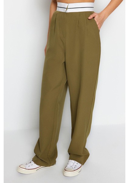 Kadın Yeni Moda Boru Paça Regular Boy Dokuma Wide Leg Geniş Paça Yüksek Bel Kemer Detaylı Pantolon