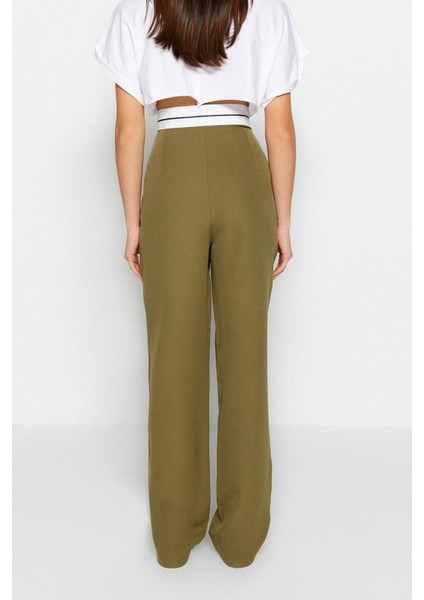 Kadın Yeni Moda Boru Paça Regular Boy Dokuma Wide Leg Geniş Paça Yüksek Bel Kemer Detaylı Pantolon