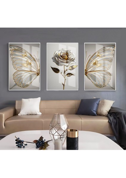 Beyaz-Gold Gül ve Kelebek Kanatı Kombin |çerçeveli Cam Tablo 3lü Dikey