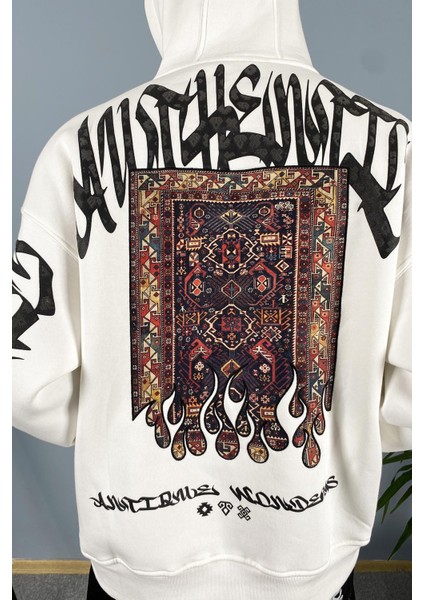 Oversize Halı Baskılı Kanguru Cepli Siyah Kapüşonlu Sweatshirt
