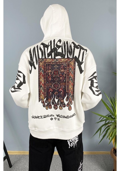 Oversize Halı Baskılı Kanguru Cepli Siyah Kapüşonlu Sweatshirt fırsatları