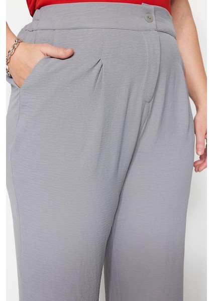 Kadın Yeni Moda Büyük Beden Geniş Paça Uzun Boy Dokuma Yüksek Bel Pileli Kumaş Pantolon fırsatları