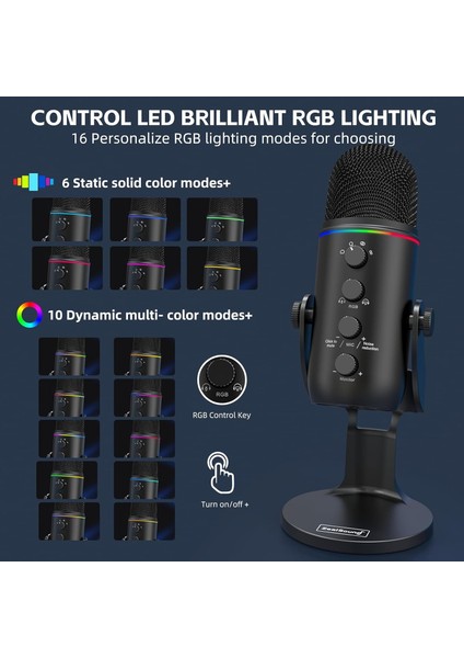 RGB Mikrofon, Kondenser Mikrofon, USB Oyun Mikrofonu, RGB Mikrofonlu PC, YouTube, Canlı Yayın, Web Konferansı Oyun Yorumları için İdeal Windows/MacOS Uyumlu K66 Plus