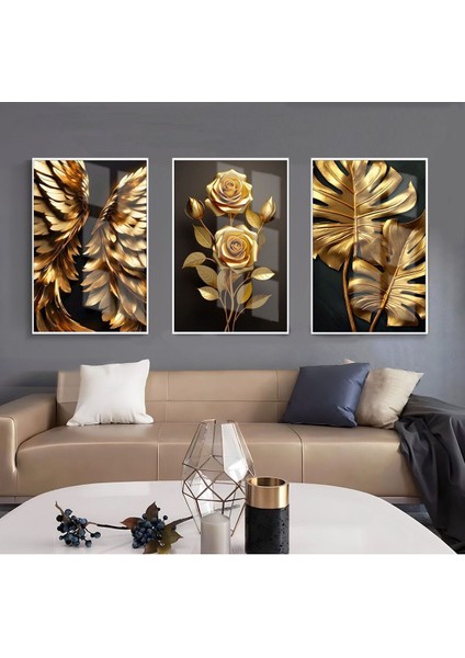 Siyah-Gold Gül/kanat/yaprak Kombini |çerçeveli Cam Tablo 3lü Dikey